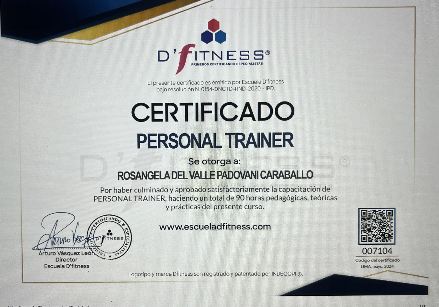 Certificado de Rox Padovani como Entrenadora Física — Personal Trainer, Escuela D'fitness